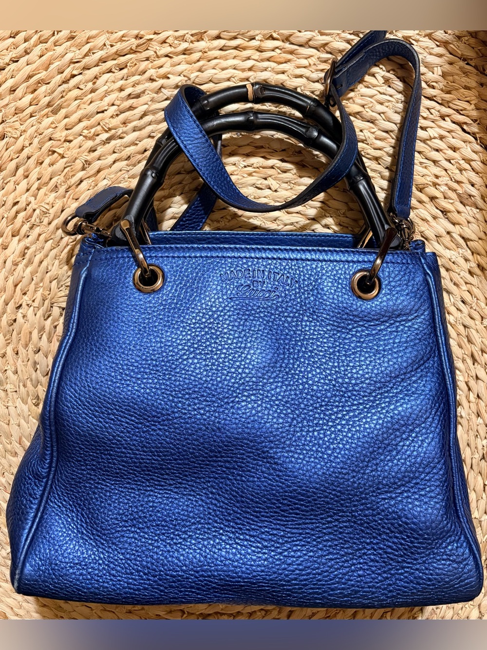 Gucci metallic Blue Leather Bamboo-Handle Tote